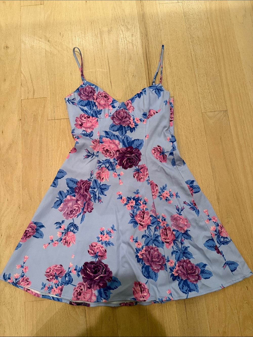 Zara Light Blue Floral Spaghetti-Strap Mini Dress with Pink & Purple Blooms